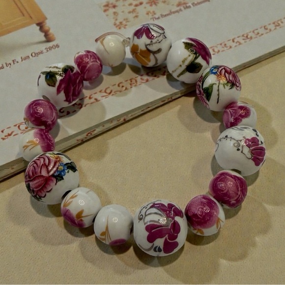 Handmade Jewelry - Vintage Hand Painted Floral Pink Rose Ceramic Beaded Bracelet